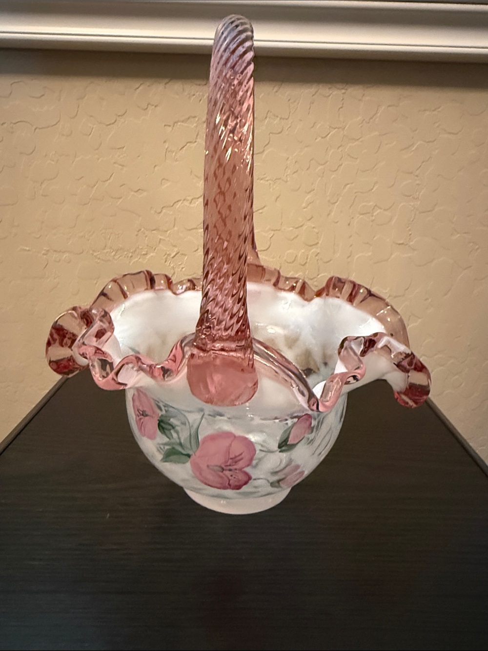Fenton Pink and White Hand-Painted Glass Basket with Twisted Handle